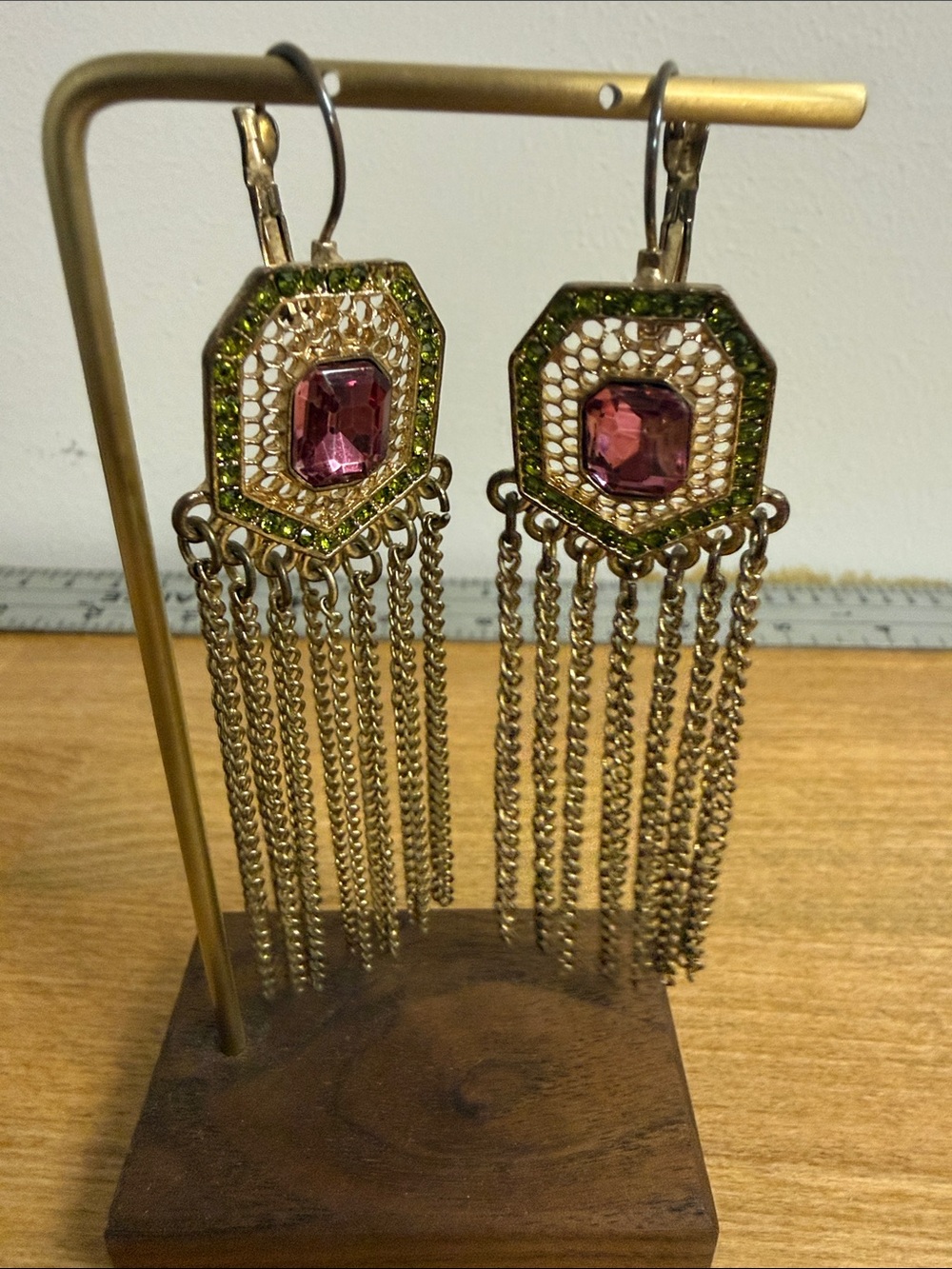 Gold tone large dangle drop metallic tassel earrings pink crystal green costume